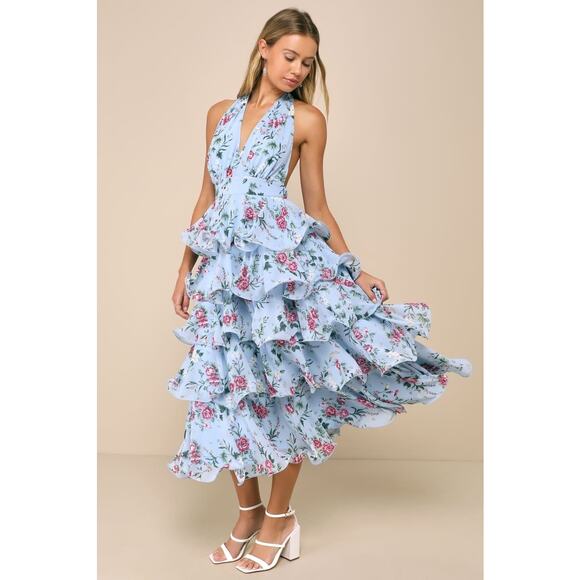 NWT Lulus Exceedingly Gorgeous Light Blue Floral Tiered Halter Midi Dress Size M - Picture 1 of 6